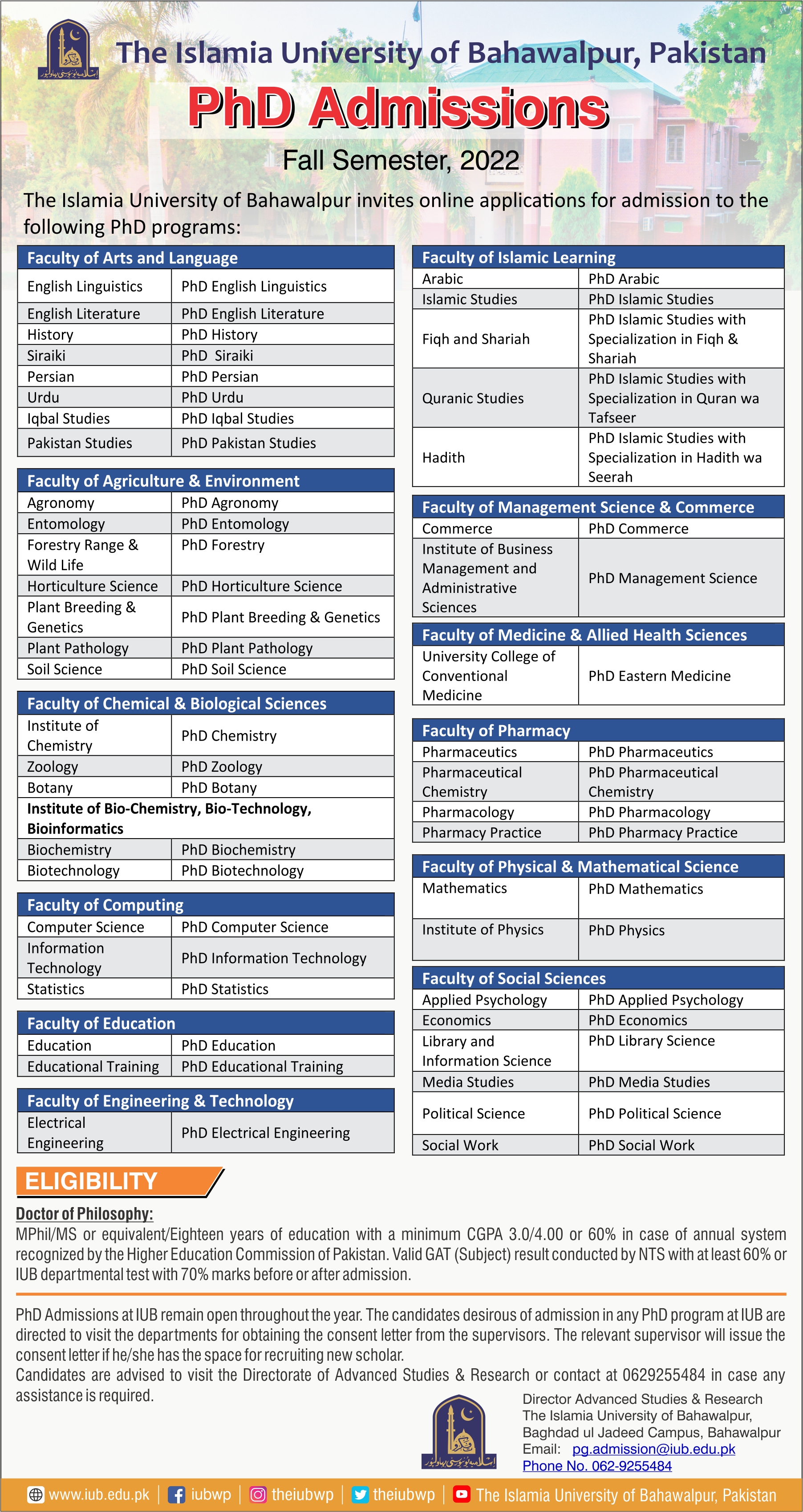 PhD Admissions Fall semester, 2022 at the Islamia University of Bahawalpur