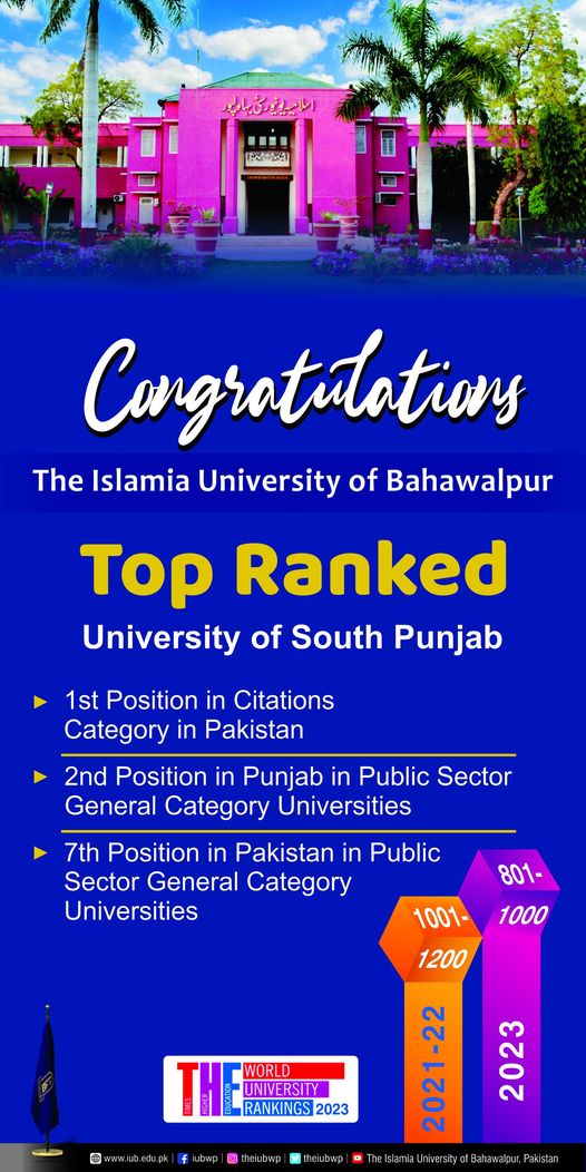 Governor Punjab and Chancellor has congratulated the IUB members for their outstanding success in T.H.E Ranking 2023