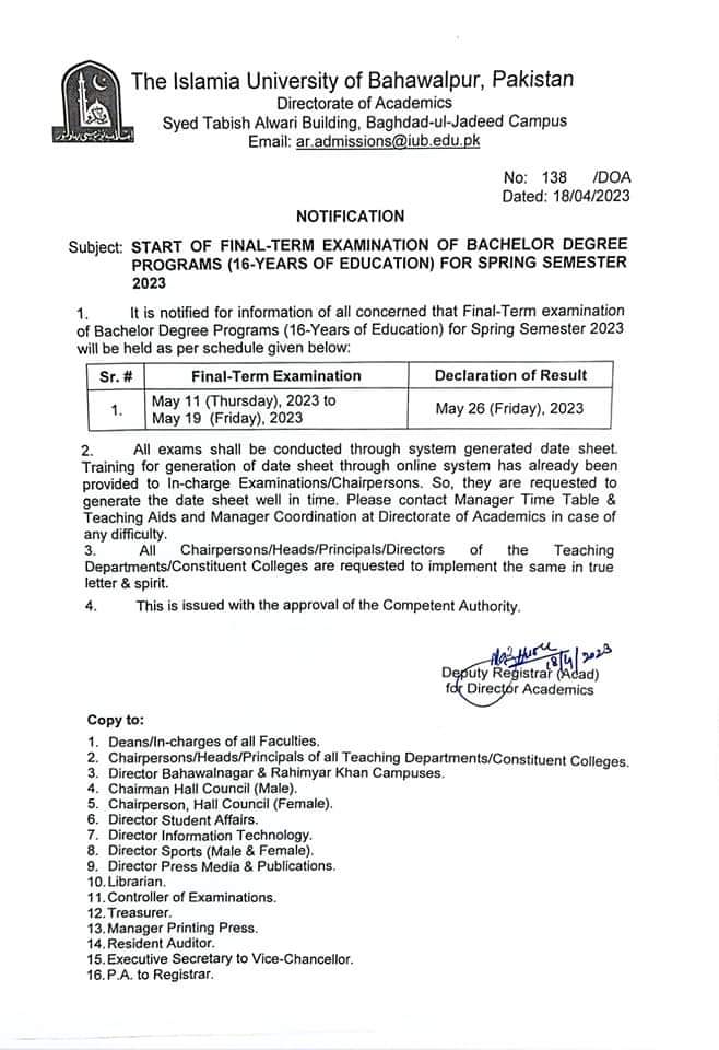 Start of Final Term Examination of Bachelor Degree Programs for Spring Semester 2023