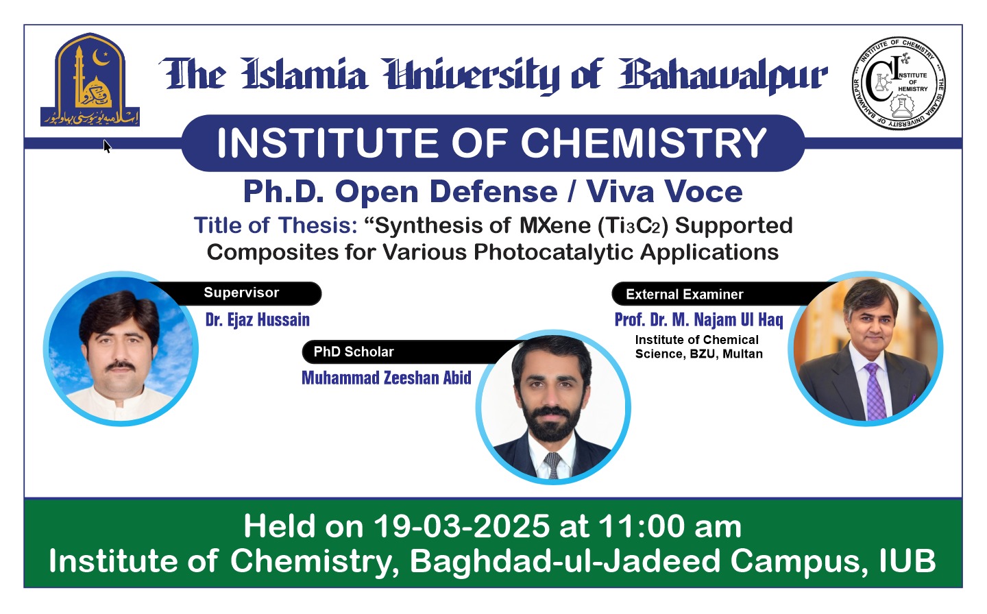 On March 19 2025, PhD scholar Muhammad Zeeshan Abid from the Institute of Chemistry will have an open defense.