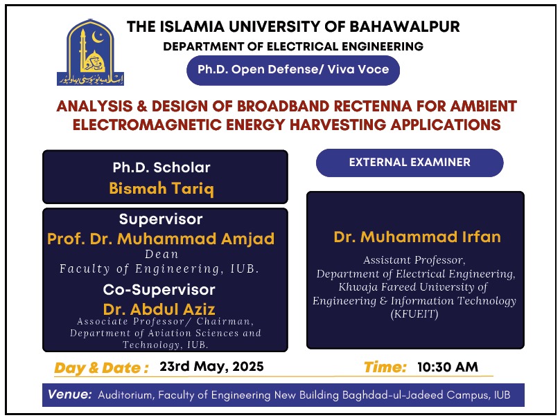 Open Defense of PhD scholar Bismah Tariq of the Department of Electrical Engineering will be held on 23 May 2025