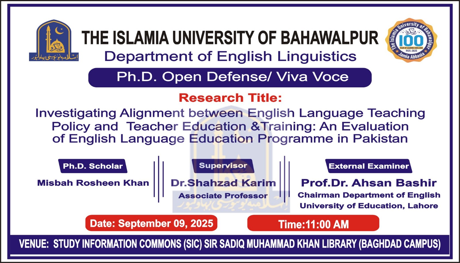 Department of English Linguistics will hold the public defense of PhD candidate Mrs. Misbah Rosheen Khan on Sept 9, 2025