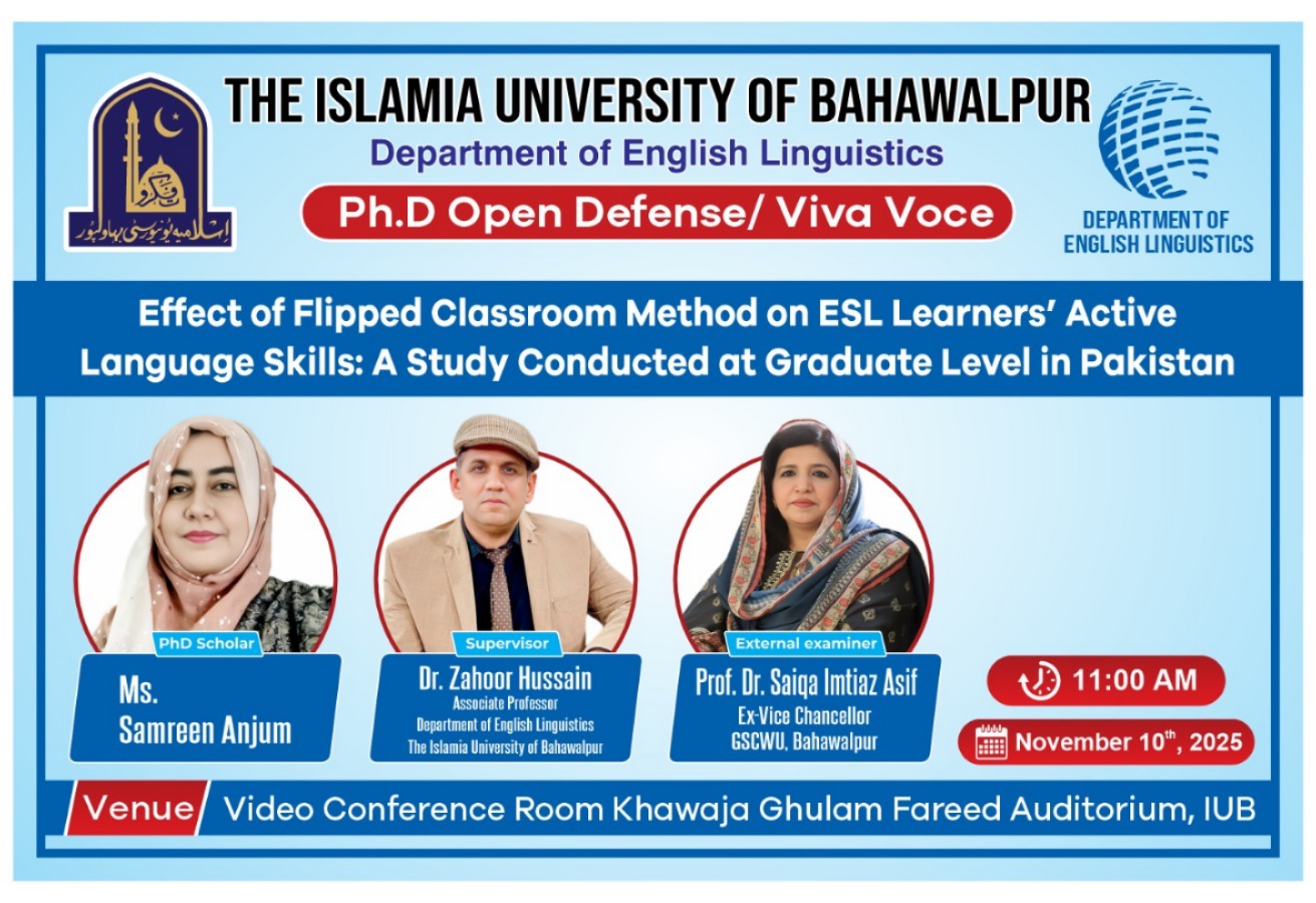 The Department of English Linguistics will hold the PhD public defense of candidate Samreen Anjum on November 10, 2025.