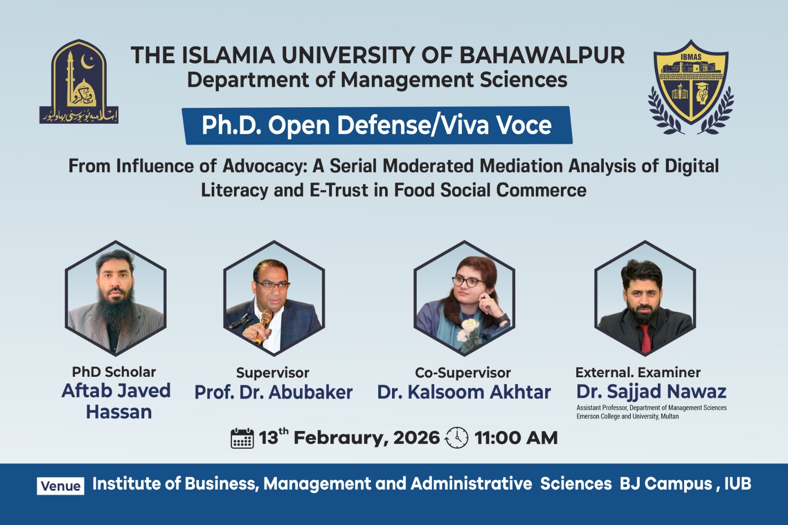 Aftab Javed Hassan is a PhD scholar at IBMAS who will defend his thesis on February 13, 2026.